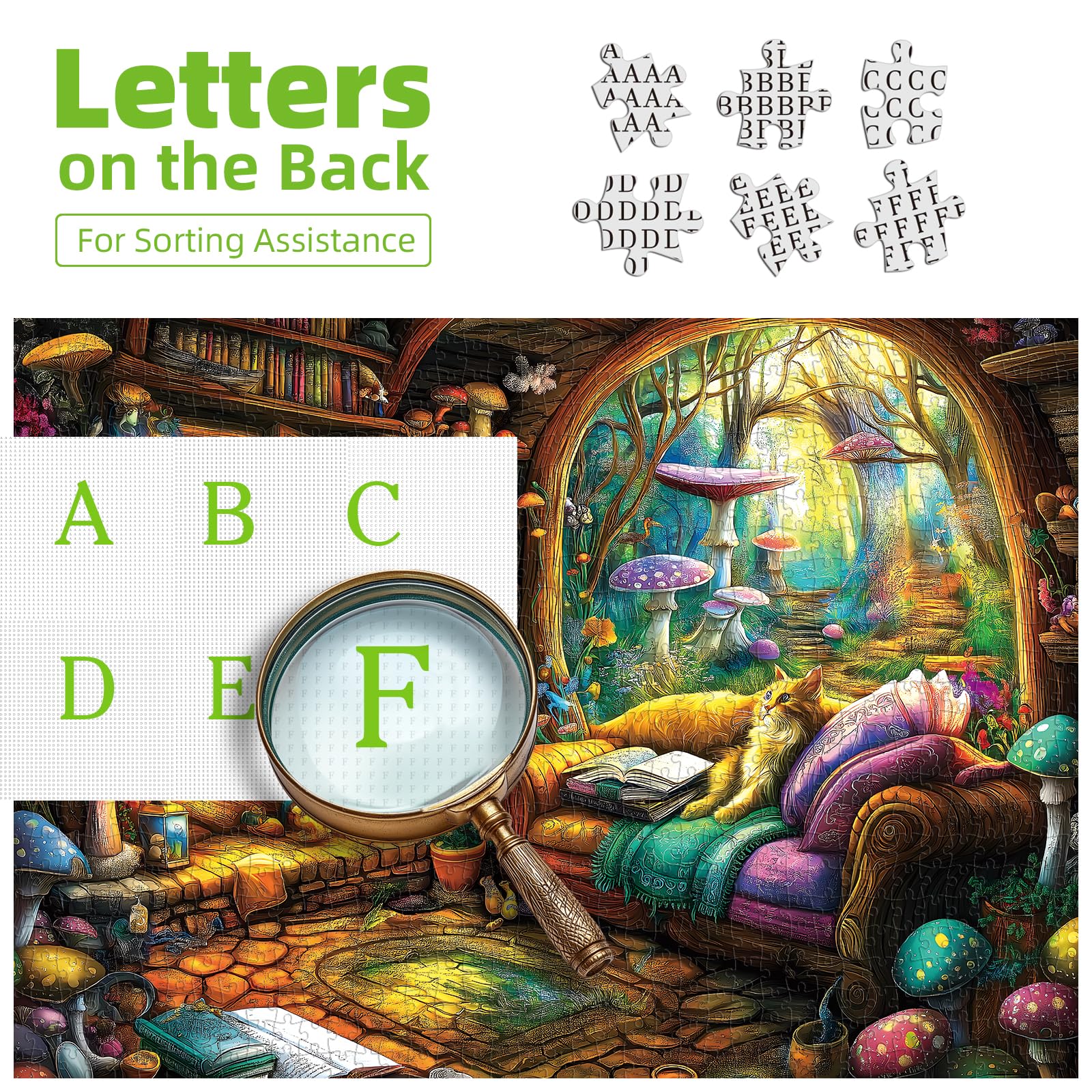 Blueforest 1000 Piece Jigsaw Puzzle – Fantasy Forest Cottage with Cat & Mushrooms, Back Letter Sorting, 27.5x19.7 Inches