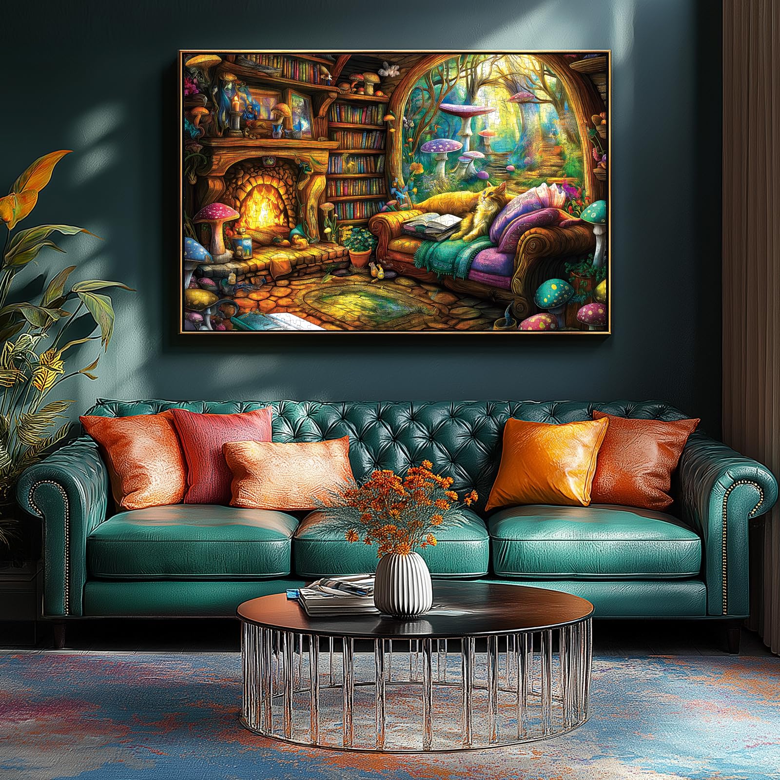 Blueforest 1000 Piece Jigsaw Puzzle – Fantasy Forest Cottage with Cat & Mushrooms, Back Letter Sorting, 27.5x19.7 Inches