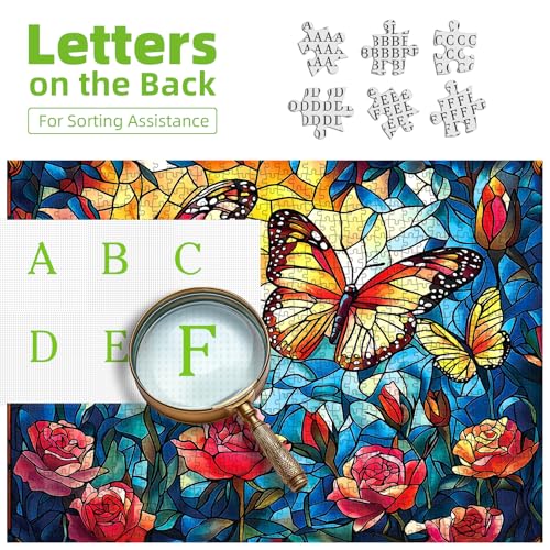 Blueforest 1000 Piece Jigsaw Puzzle – Stained Glass Monarch Butterfly & Rose, 27.5x19.7 Inches with Back Letters & Poster