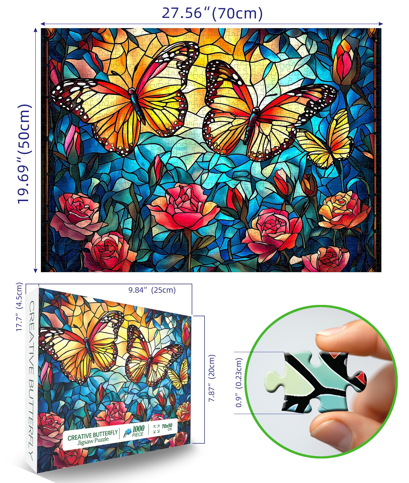 Blueforest 1000 Piece Jigsaw Puzzle – Stained Glass Monarch Butterfly & Rose, 27.5x19.7 Inches with Back Letters & Poster