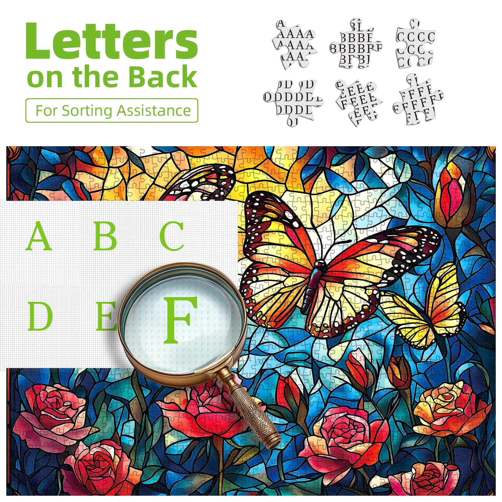Blueforest 1000 Piece Jigsaw Puzzle – Stained Glass Monarch Butterfly & Rose, 27.5x19.7 Inches with Back Letters & Poster