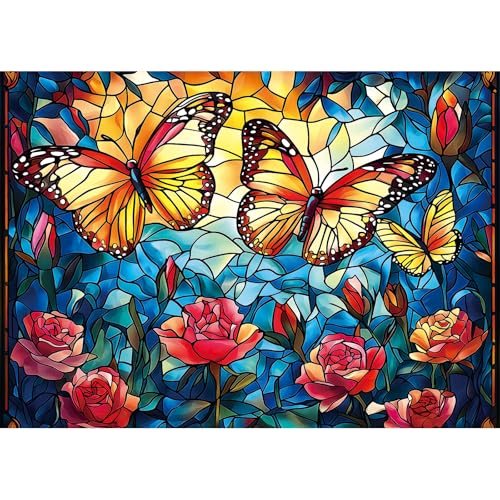 Blueforest 1000 Piece Jigsaw Puzzle – Stained Glass Monarch Butterfly & Rose, 27.5x19.7 Inches with Back Letters & Poster