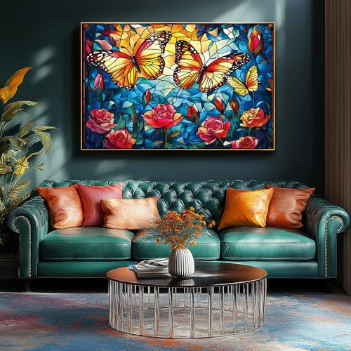 Blueforest 1000 Piece Jigsaw Puzzle – Stained Glass Monarch Butterfly & Rose, 27.5x19.7 Inches with Back Letters & Poster