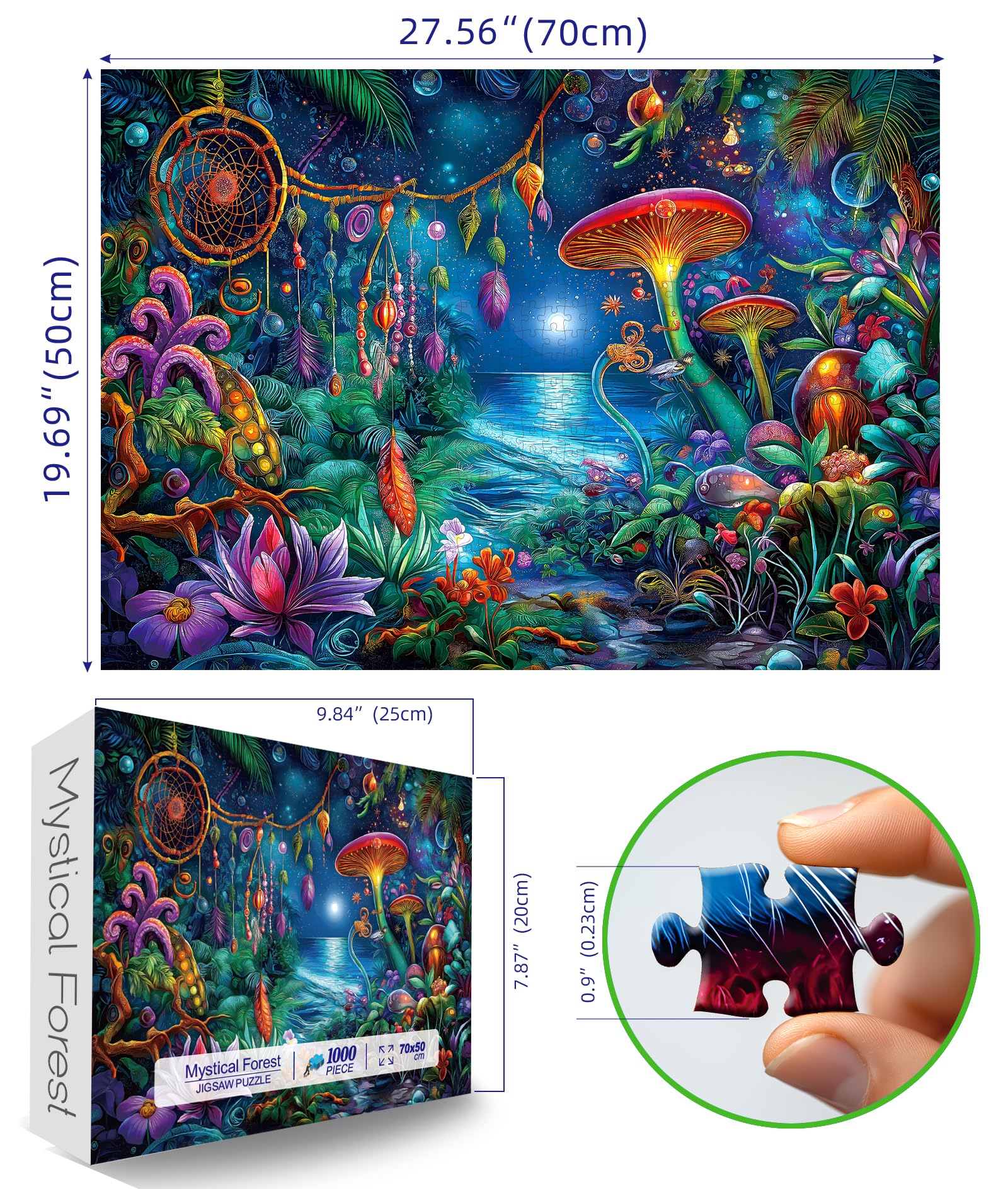 Blueforest 1000 Piece Mystical Forest Jigsaw Puzzle with Dreamcatcher & Mushrooms – Back Letter Sorting System, 27.5x19.7 Inches