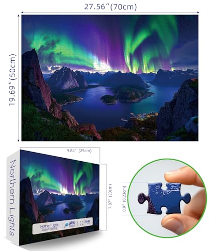 Blueforest 1000 Piece Northern Lights Mountain Lake Puzzle – with Back Letter Sorting, 27.5x19.7 Inches