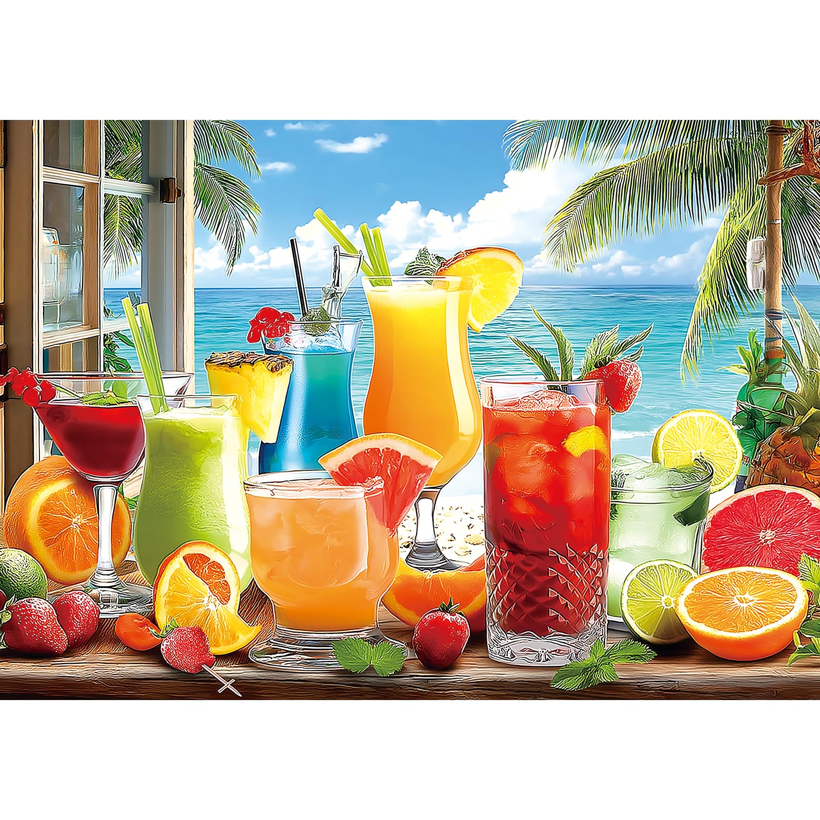 Blueforest Colorful Drinks 1000 Piece Jigsaw Puzzle – Tropical Beach Scene with Fruits & Ocean, Perfect for Relaxation and Home Decor (27.6 x 19.7 inches)
