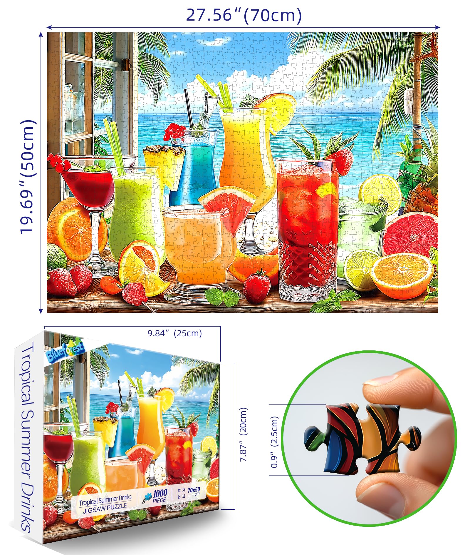 Blueforest Colorful Drinks 1000 Piece Jigsaw Puzzle – Tropical Beach Scene with Fruits & Ocean, Perfect for Relaxation and Home Decor (27.6 x 19.7 inches)
