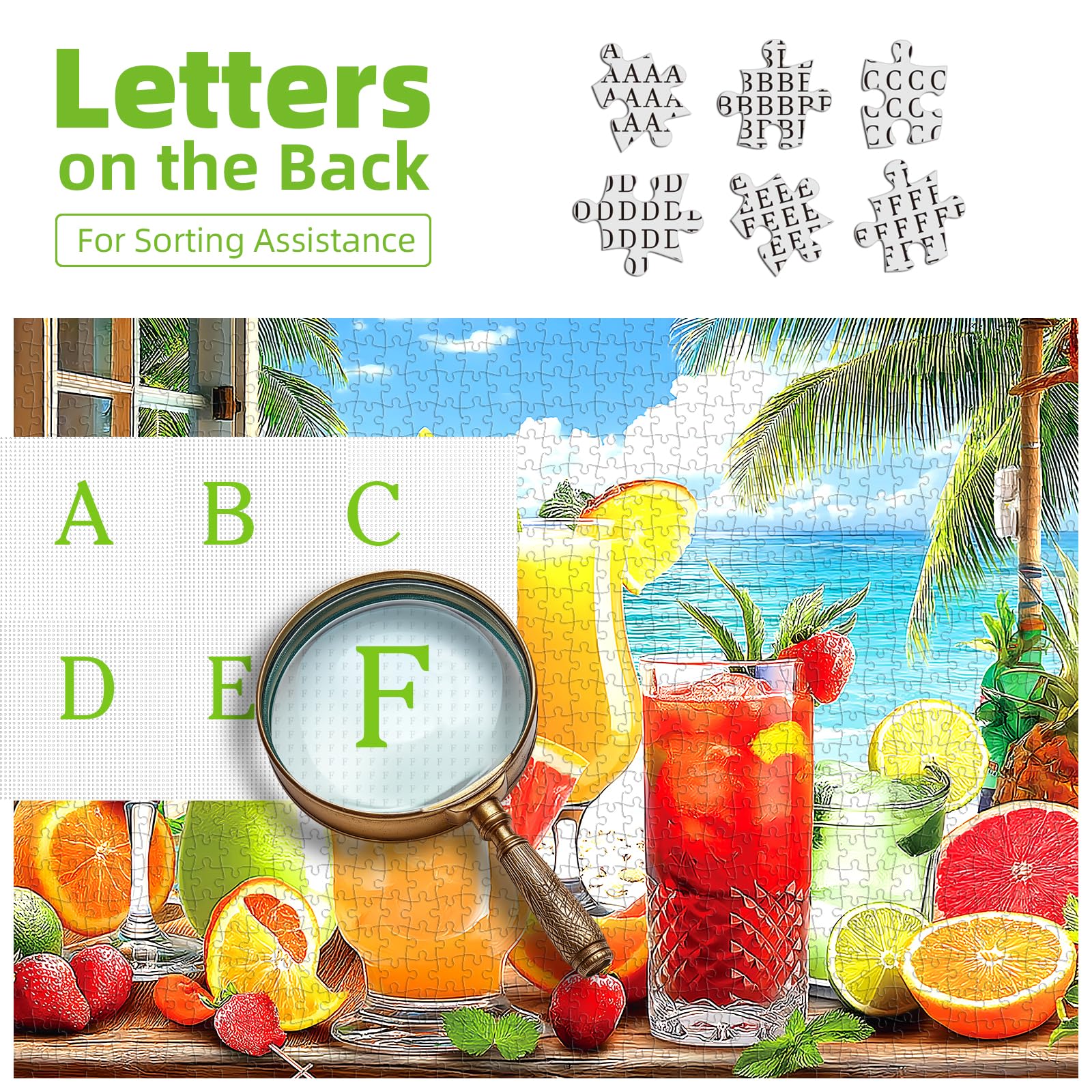 Blueforest Colorful Drinks 1000 Piece Jigsaw Puzzle – Tropical Beach Scene with Fruits & Ocean, Perfect for Relaxation and Home Decor (27.6 x 19.7 inches)