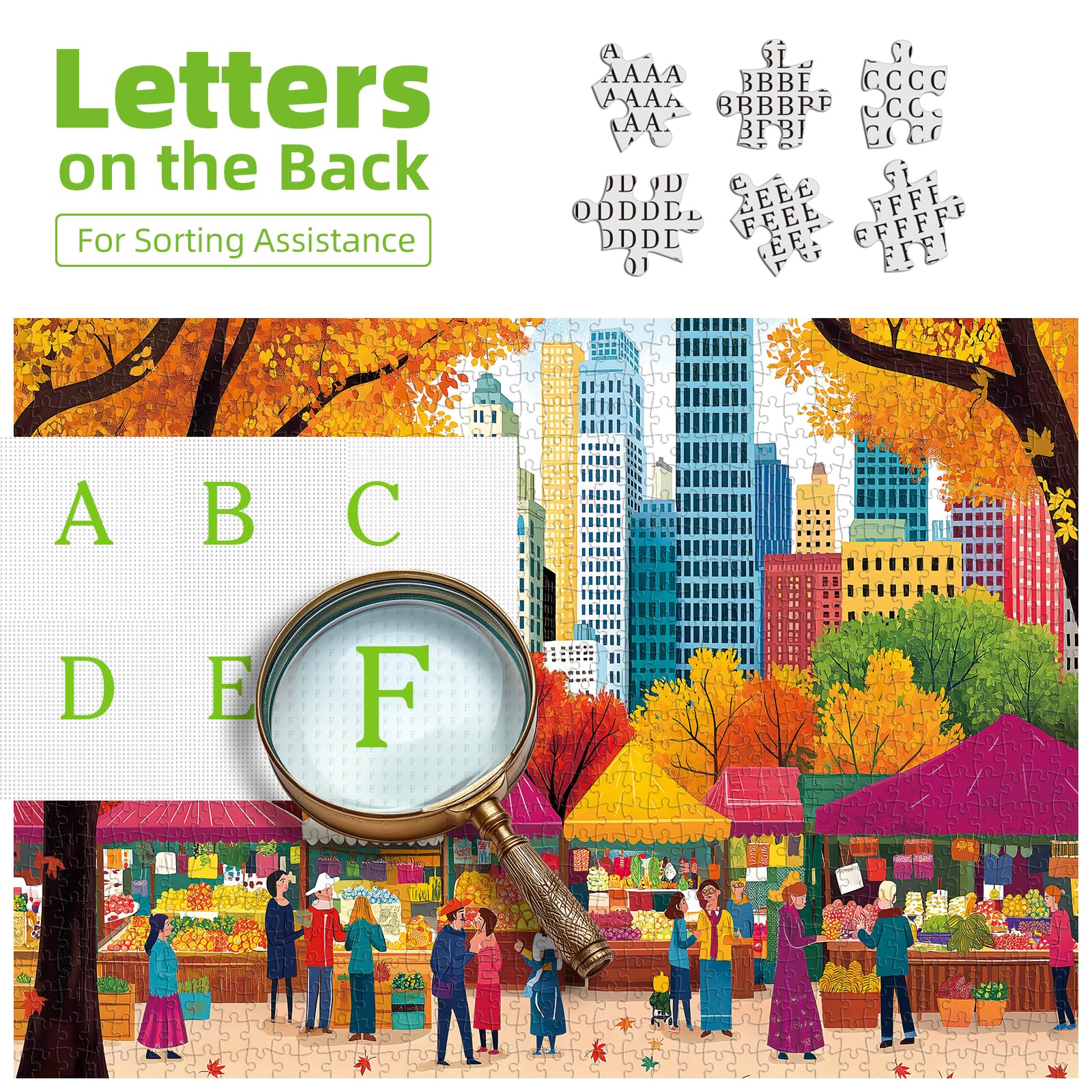 Blueforest Fall 500 Piece Puzzle: Autumn Farmers Market Shaped Jigsaw with Maple Leaf Border (23"x15")