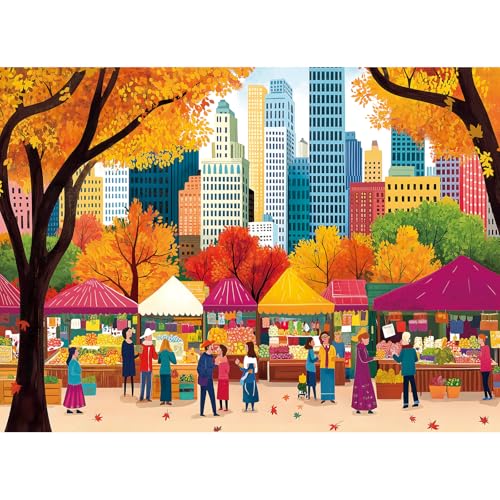 Blueforest Fall 500 Piece Puzzle: Autumn Farmers Market Shaped Jigsaw with Maple Leaf Border (23"x15")