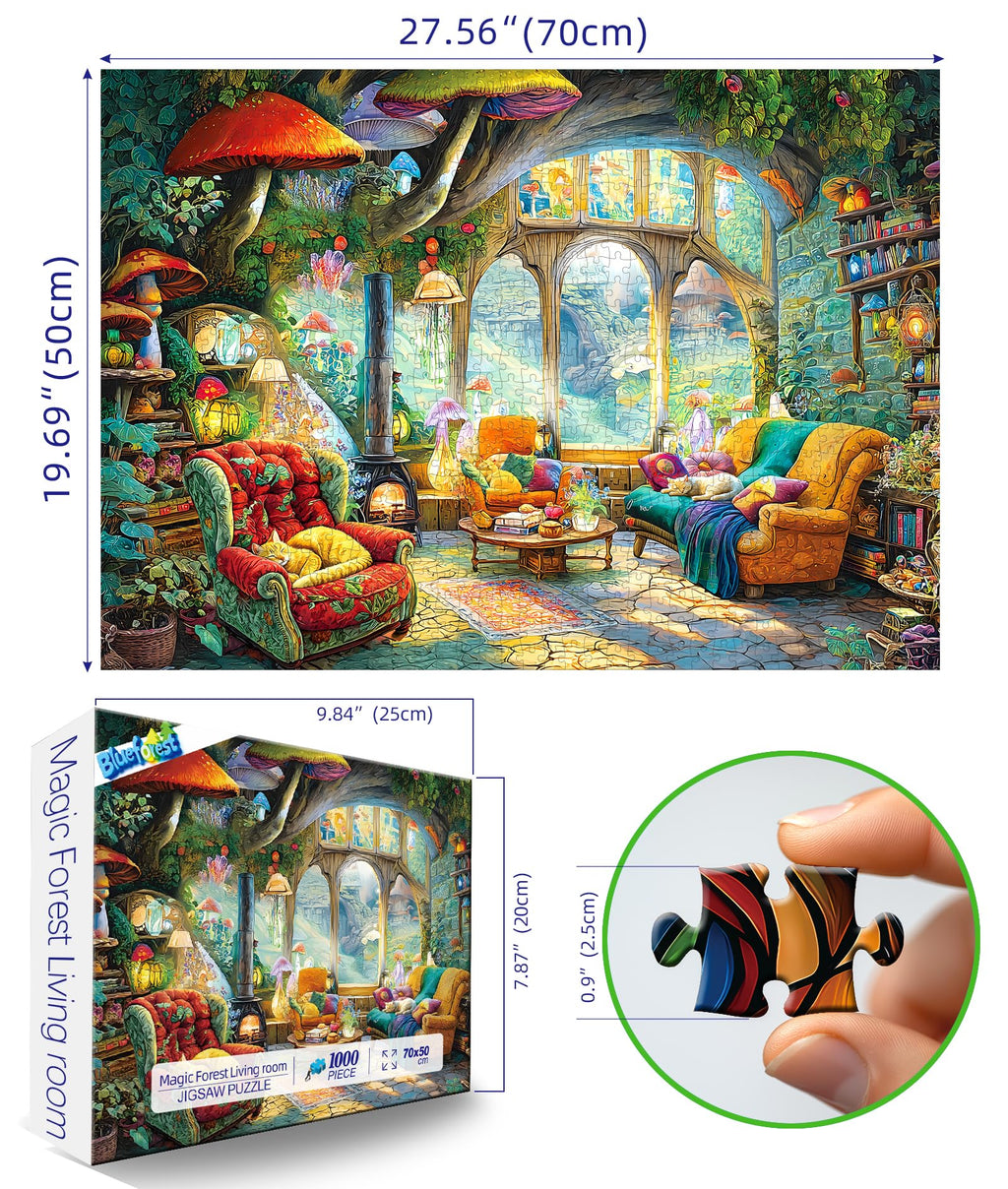 Blueforest Fantasy Mushroom 1000 Piece Jigsaw Puzzle – Whimsical Living Room Scene, HD Print, 27.5x19.7 in, Includes Poster