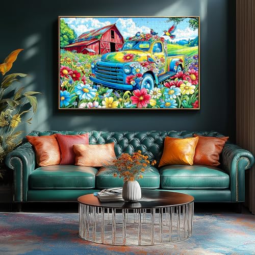 Blueforest Spring Village Truck 1000-Piece Jigsaw Puzzle – Vintage Graffiti Art, Dust-Free, 27.5x19.7 Inches