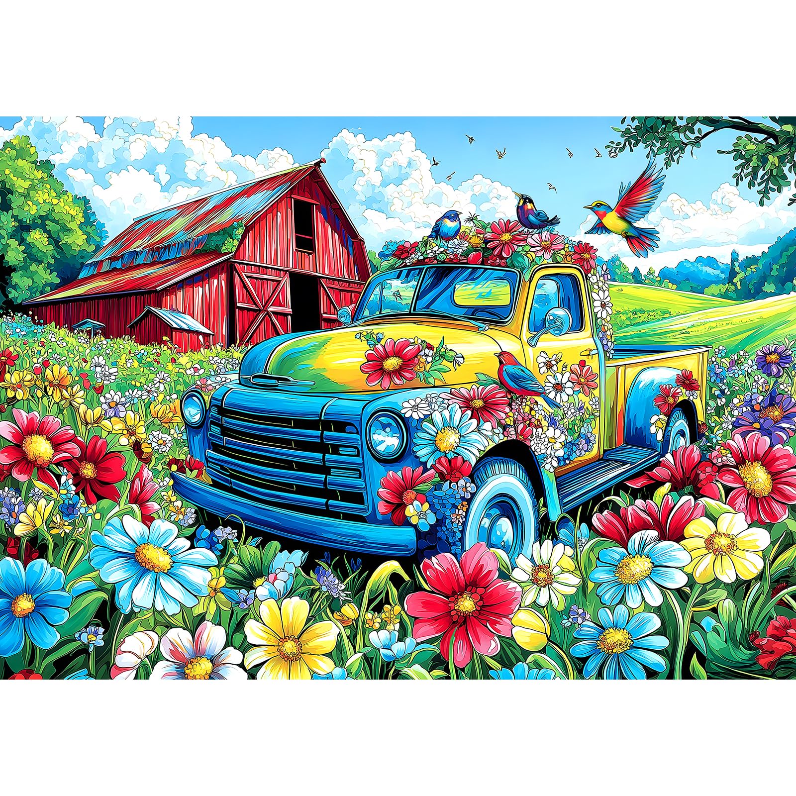 Blueforest Spring Village Truck 1000-Piece Jigsaw Puzzle – Vintage Graffiti Art, Dust-Free, 27.5x19.7 Inches