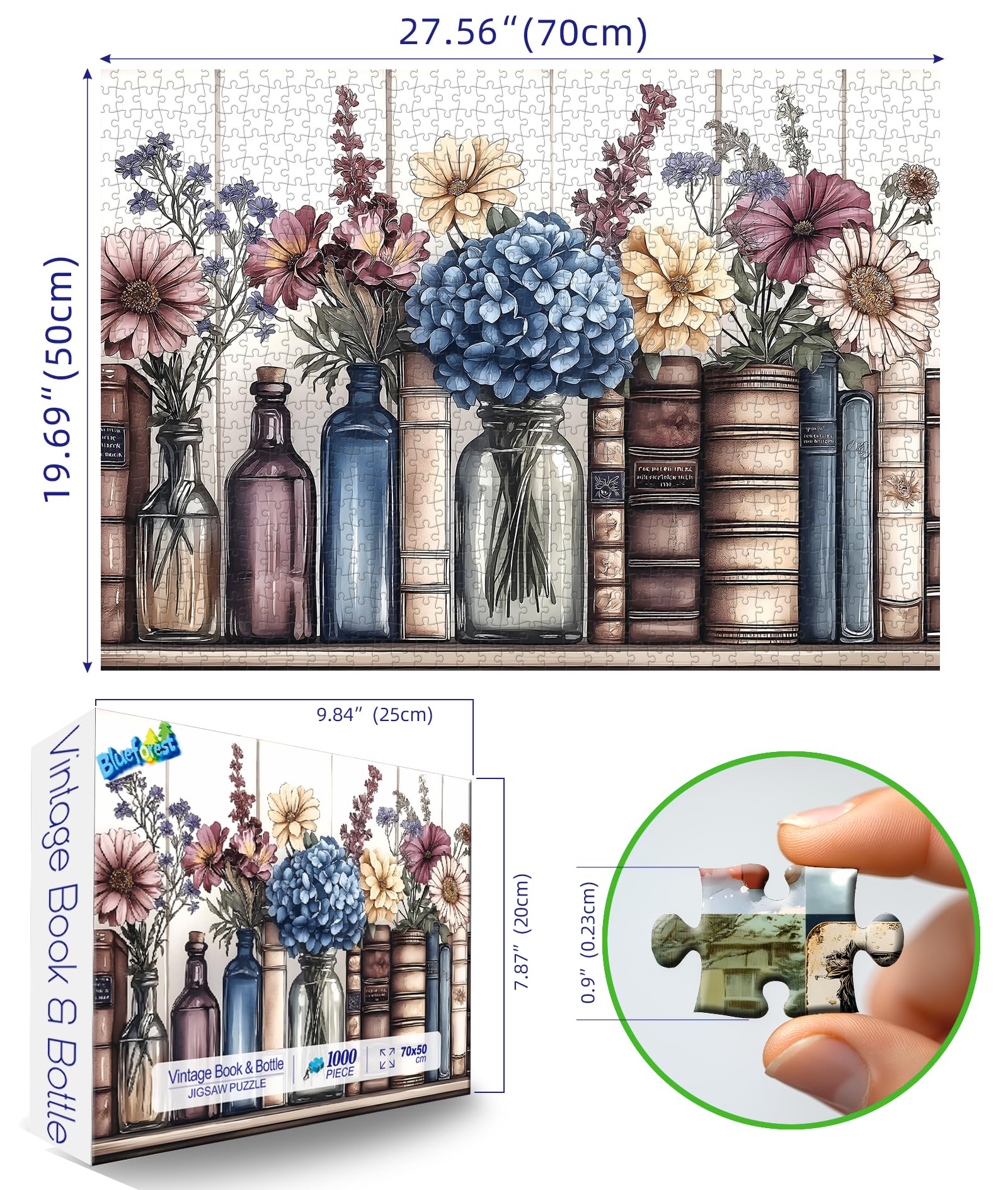 Blueforest Vintage Books & Flowers 1000-Piece Jigsaw Puzzle for Adults – Hydrangea Floral Art Puzzle
