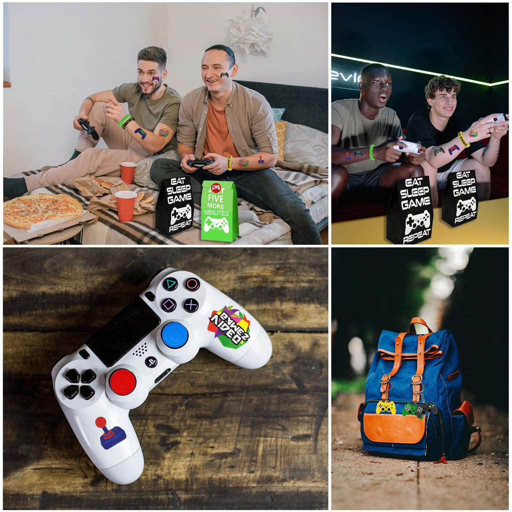 Bluegogo 146-Piece Video Game Party Favors Set with VIP Passes, Keychains, Tattoos, Shoe Charms, Button Caps, and Gift Bags