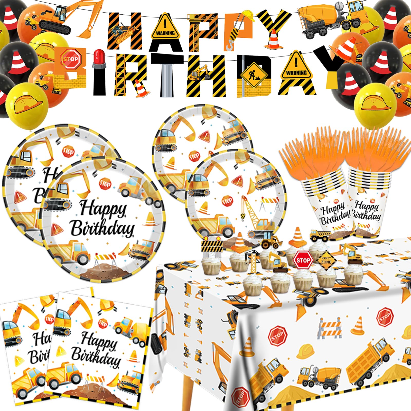 Bluegogo Construction Birthday Party Set for 24 Guests – 142-Piece Kit with Plates, Napkins, Cups, Tablecloth & Decor