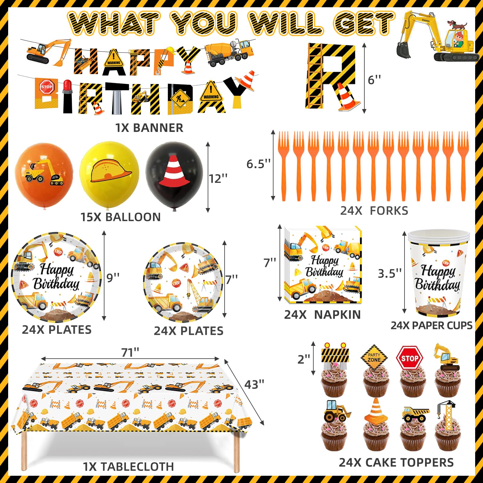 Bluegogo Construction Birthday Party Set for 24 Guests – 142-Piece Kit with Plates, Napkins, Cups, Tablecloth & Decor