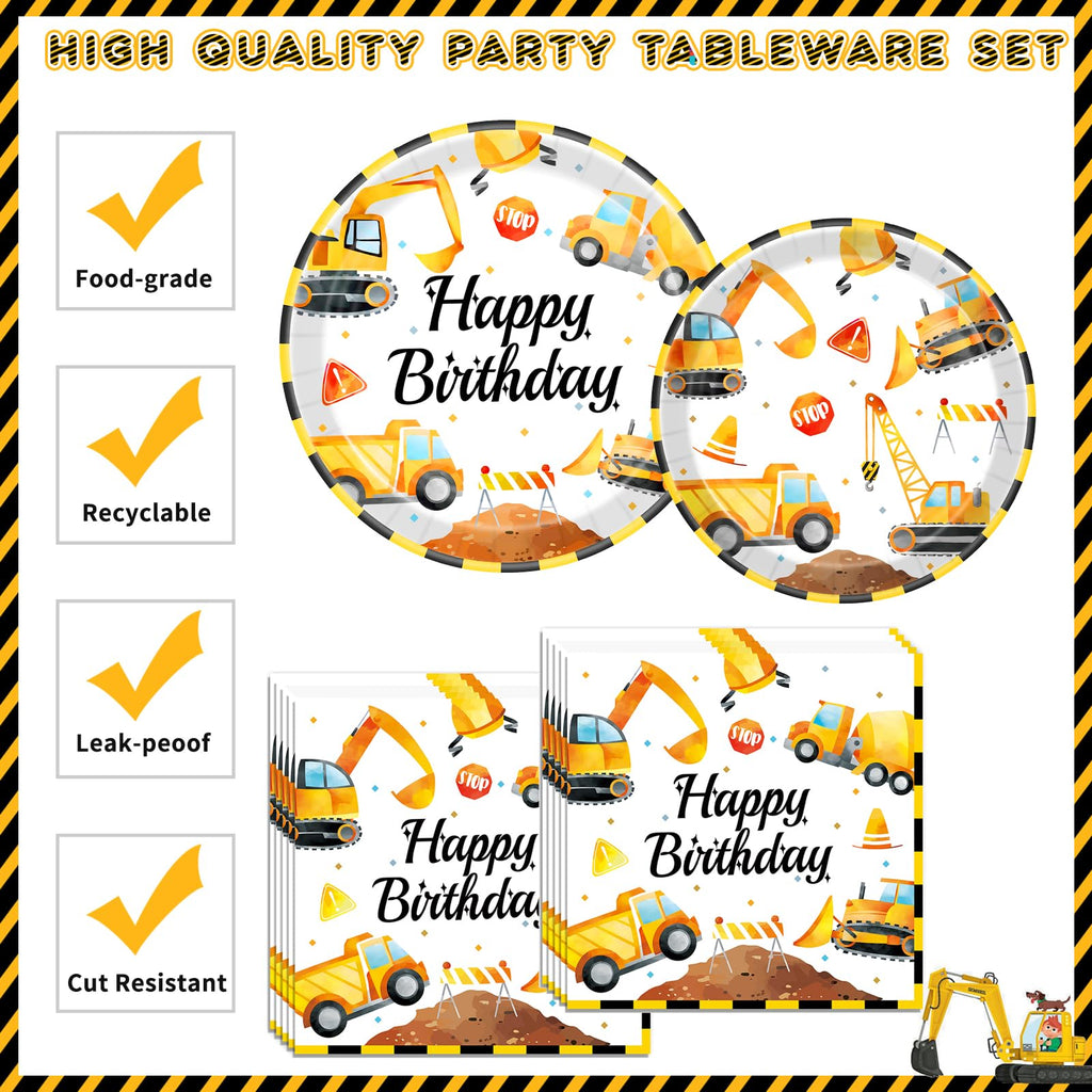Bluegogo Construction Birthday Party Set for 24 Guests – 142-Piece Kit with Plates, Napkins, Cups, Tablecloth & Decor