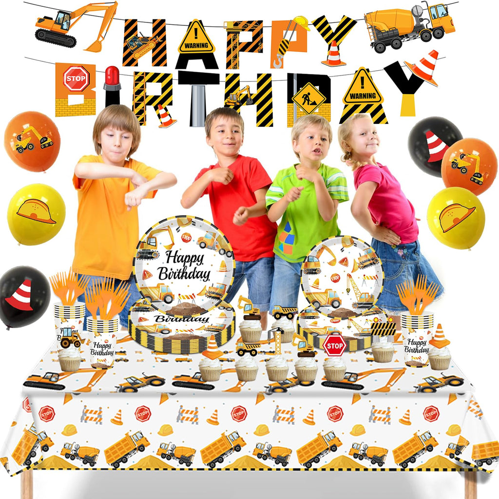Bluegogo Construction Birthday Party Set for 24 Guests – 142-Piece Kit with Plates, Napkins, Cups, Tablecloth & Decor
