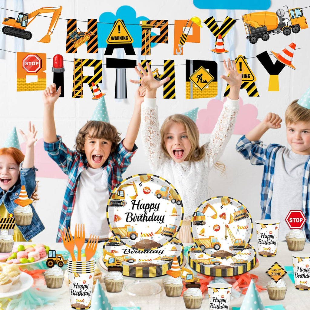 Bluegogo Construction Birthday Party Set for 24 Guests – 142-Piece Kit with Plates, Napkins, Cups, Tablecloth & Decor