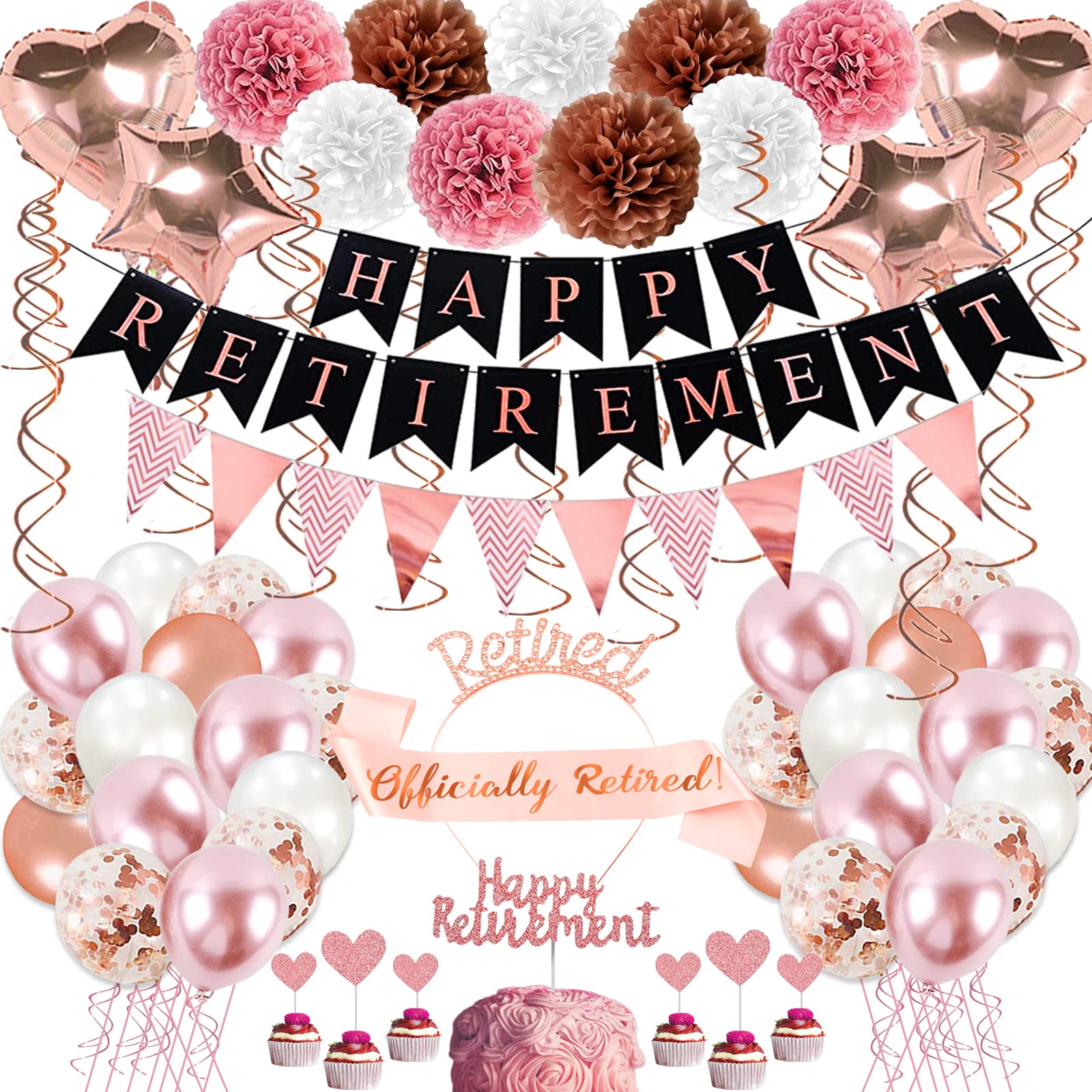 Bluegogo Rose Gold Retirement Party Decorations – 63-Piece Set with Banner, Balloons, Cake Toppers & More