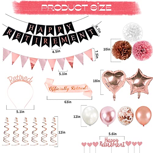 Bluegogo Rose Gold Retirement Party Decorations – 63-Piece Set with Banner, Balloons, Cake Toppers & More