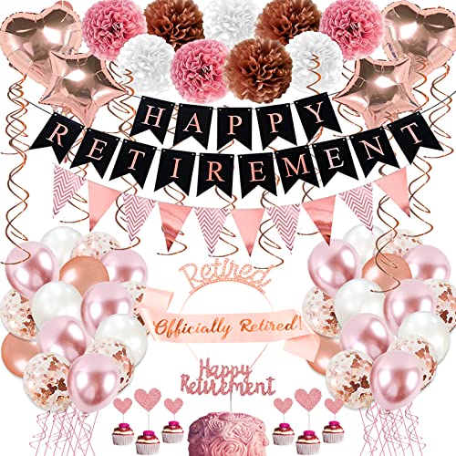 Bluegogo Rose Gold Retirement Party Decorations – 63-Piece Set with Banner, Balloons, Cake Toppers & More