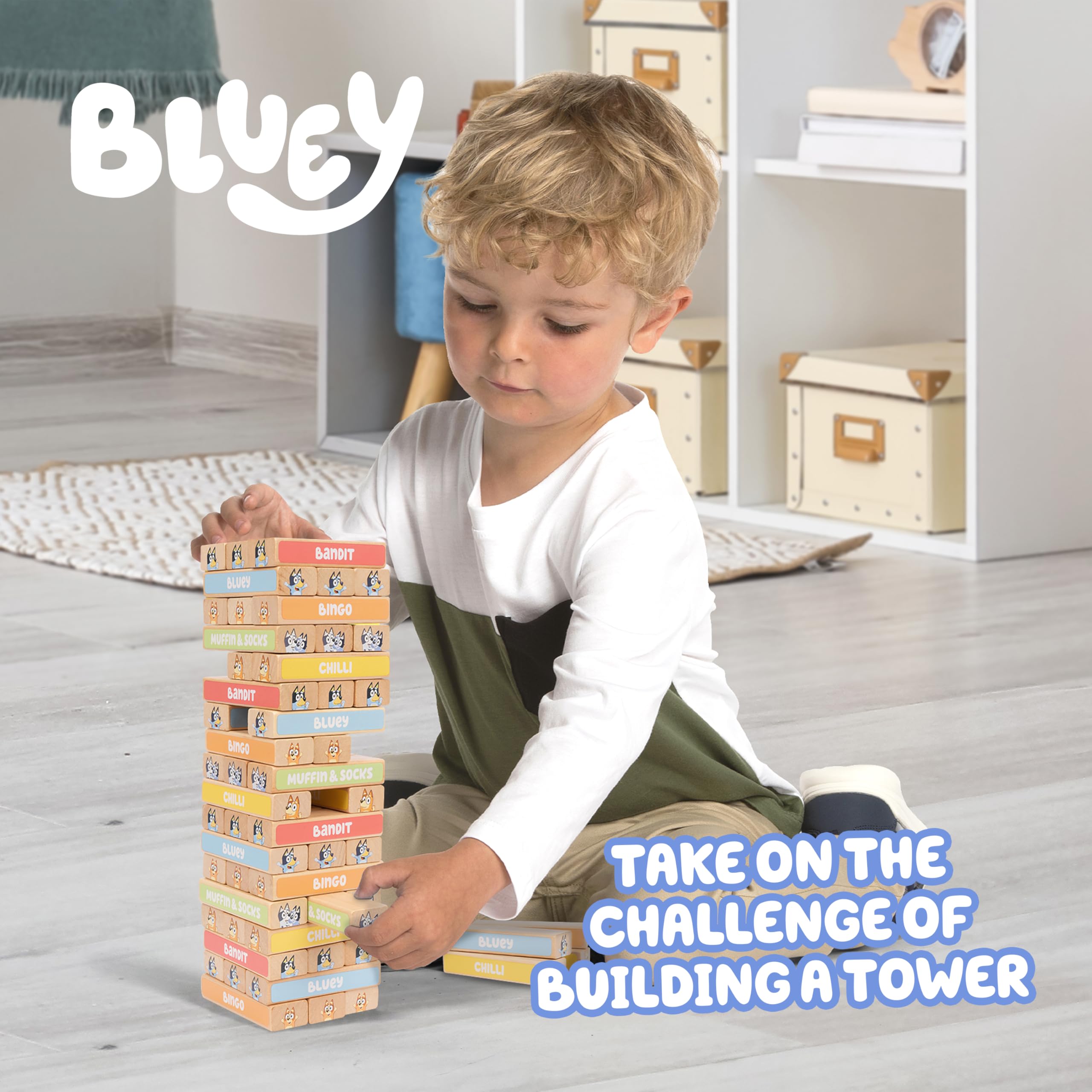 Bluey 8th Wonder Tumbling Tower Game – 54 Illustrated Wooden Blocks for Kids Ages 3+