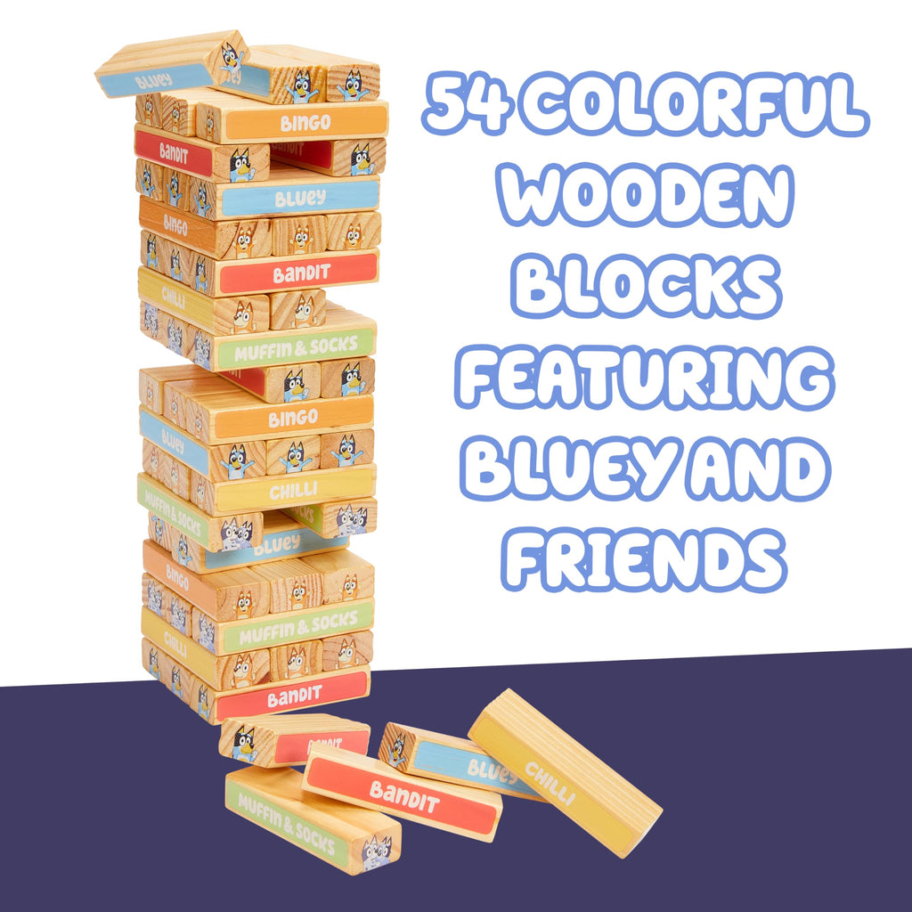 Bluey 8th Wonder Tumbling Tower Game – 54 Illustrated Wooden Blocks for Kids Ages 3+