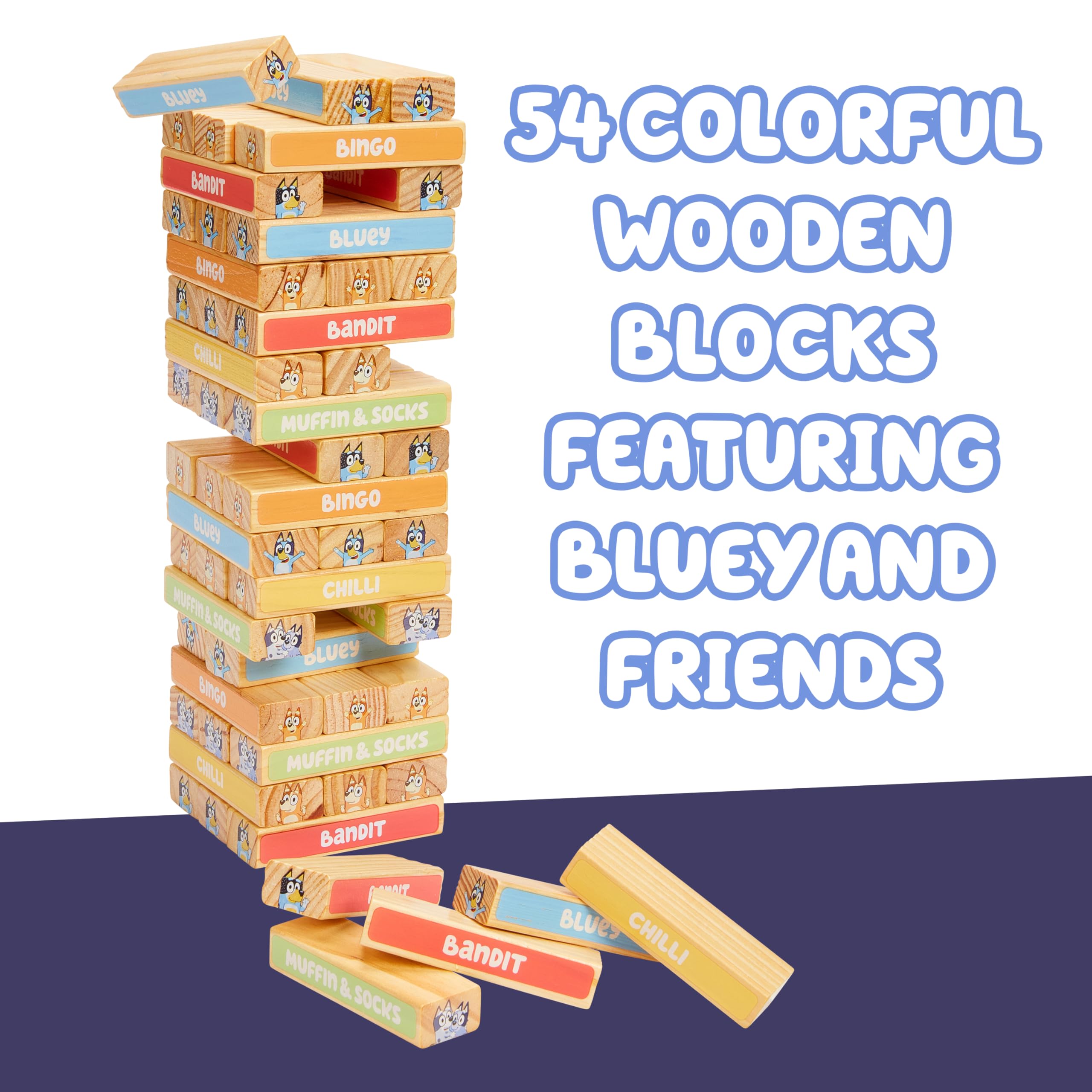 Bluey 8th Wonder Tumbling Tower Game – 54 Illustrated Wooden Blocks for Kids Ages 3+