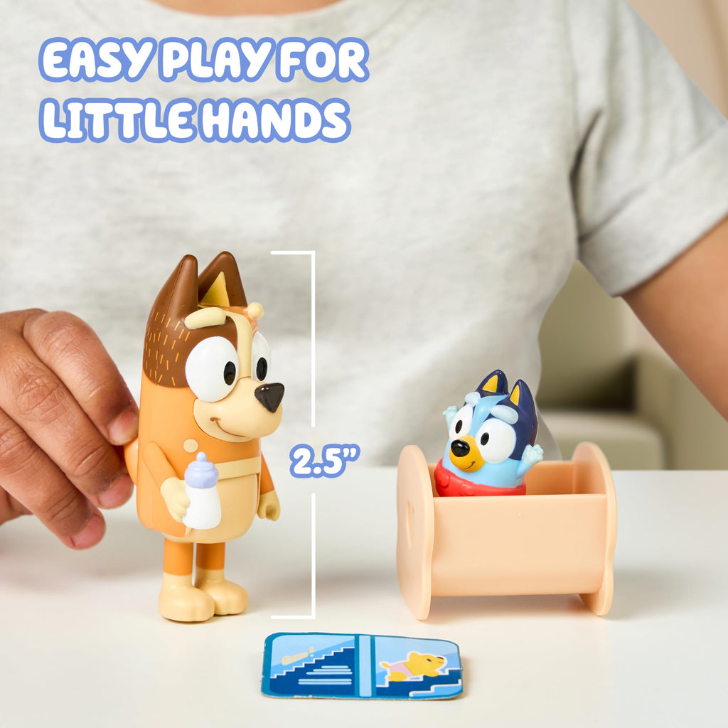 Bluey Baby Race Toy Figurines Pack: Chilli and Baby Bluey in Cradle, 2.5" Articulated Action Figures for Kids Ages 3+