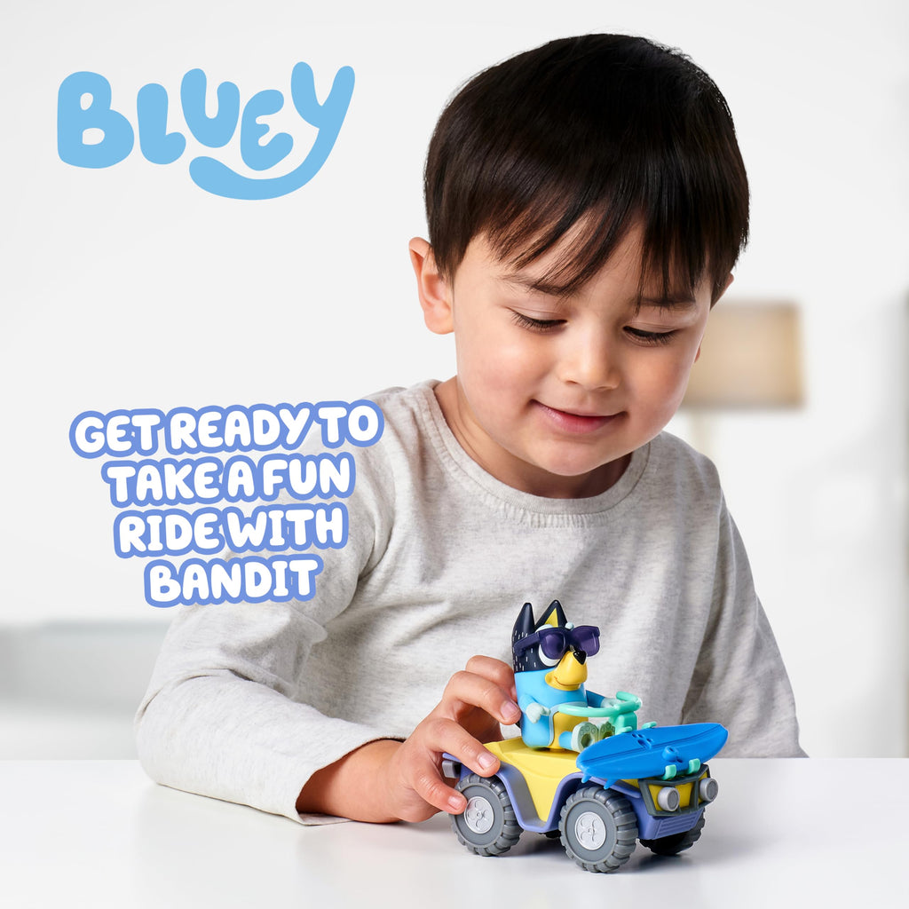 Bluey Bandit Surf Beach Toy Set with Poseable Figure, Quad Bike, and Surfboard