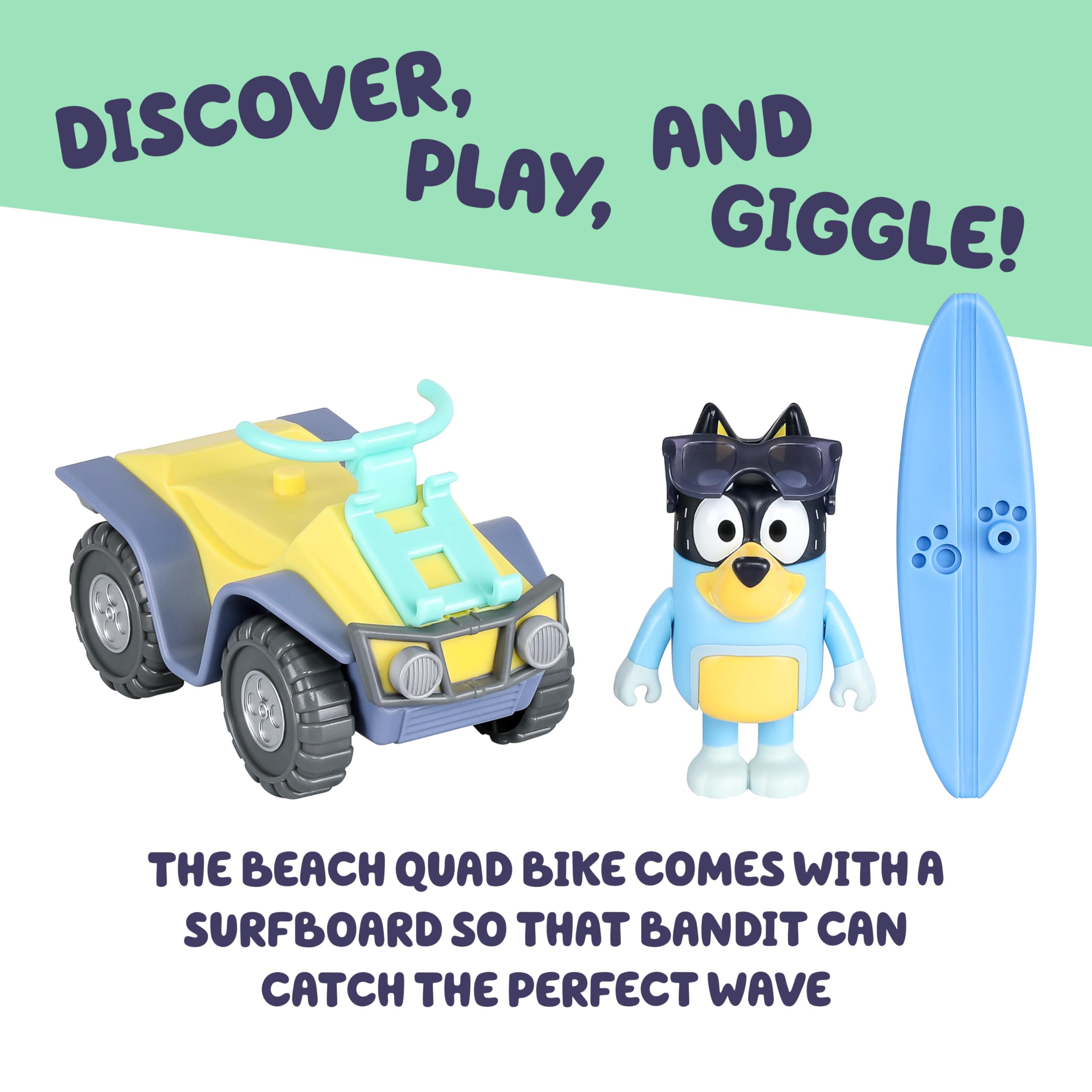 Bluey Bandit Surf Beach Toy Set with Poseable Figure, Quad Bike, and Surfboard