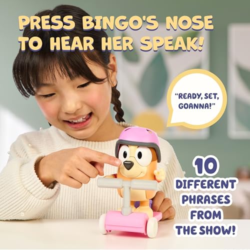 Bluey Chat Mates Bingo Figurine with Scooter & Helmet – Interactive Toy with 10 Phrases, Articulated, for Ages 3+