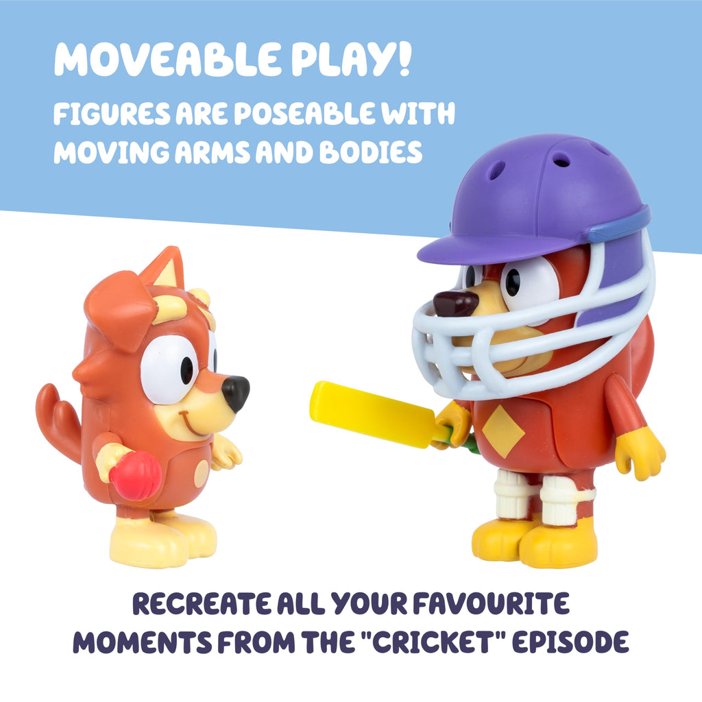 Bluey Cricket Figure 2-Pack: Rusty & Dusty with Moving Arms, Helmet, Bat & Ball - Poseable Toys for Kids Ages 3+