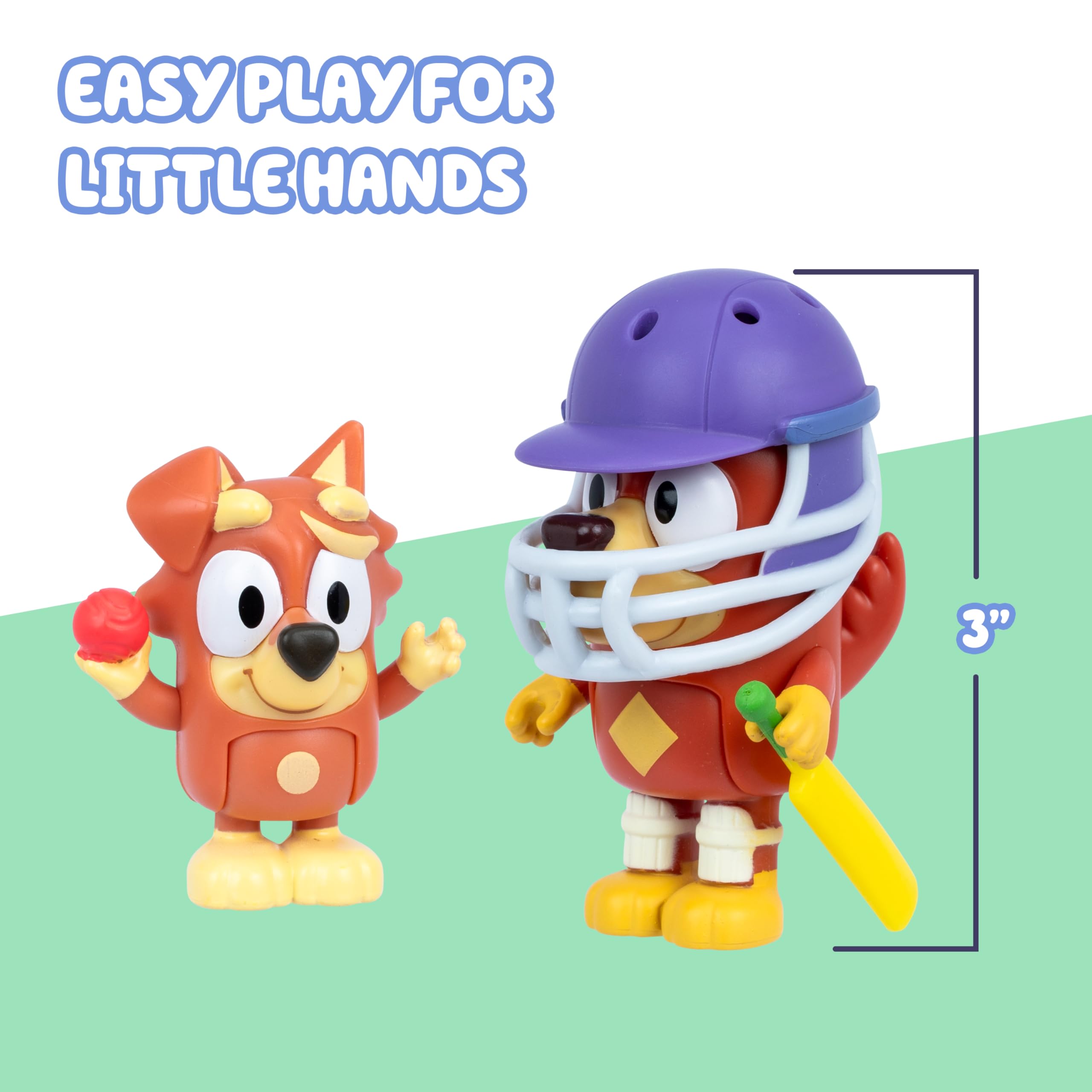 Bluey Cricket Figure 2-Pack: Rusty & Dusty with Moving Arms, Helmet, Bat & Ball - Poseable Toys for Kids Ages 3+