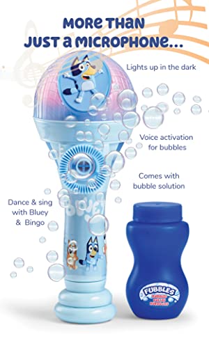 Bluey Dance Mode Bubble Machine and Toy Microphone – Voice Activated Bubble Blower with Lights, Includes 4 fl oz Solution, Ages 3+