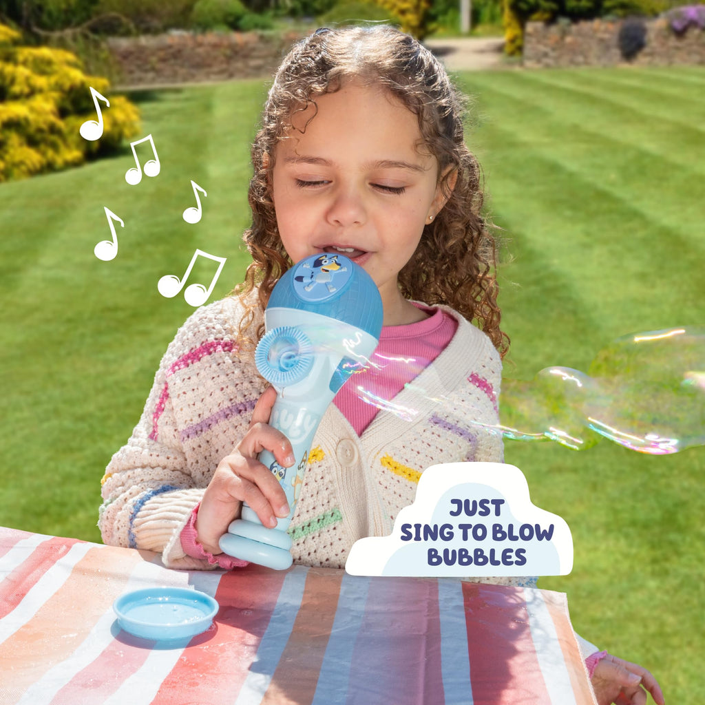 Bluey Dance Mode Bubble Machine and Toy Microphone – Voice Activated Bubble Blower with Lights, Includes 4 fl oz Solution, Ages 3+