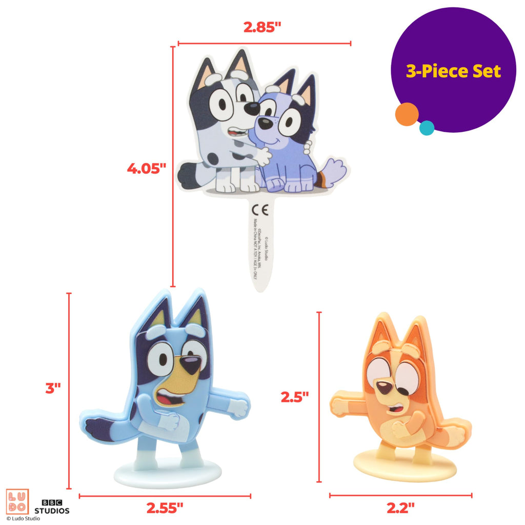 Bluey Dance Mode Cake Toppers - Moving Bluey & Bingo Figurines with Poly Pic, 3-Piece Set