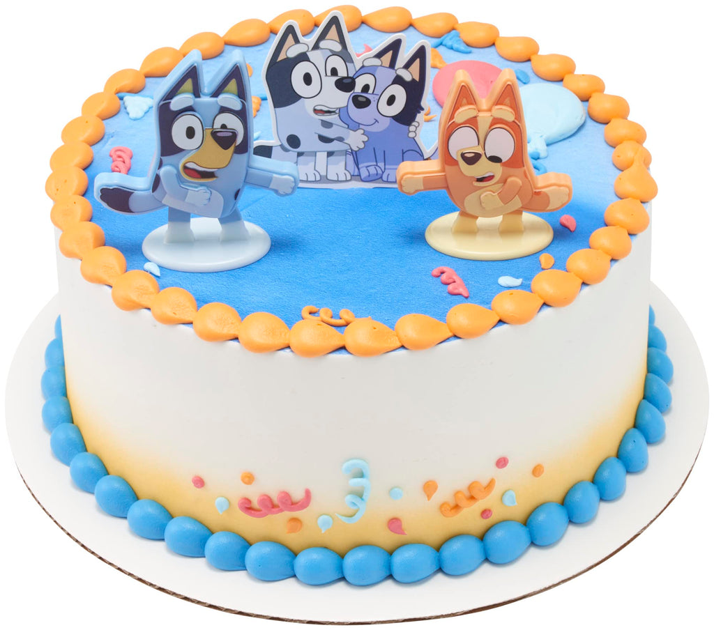 Bluey Dance Mode Cake Toppers - Moving Bluey & Bingo Figurines with Poly Pic, 3-Piece Set