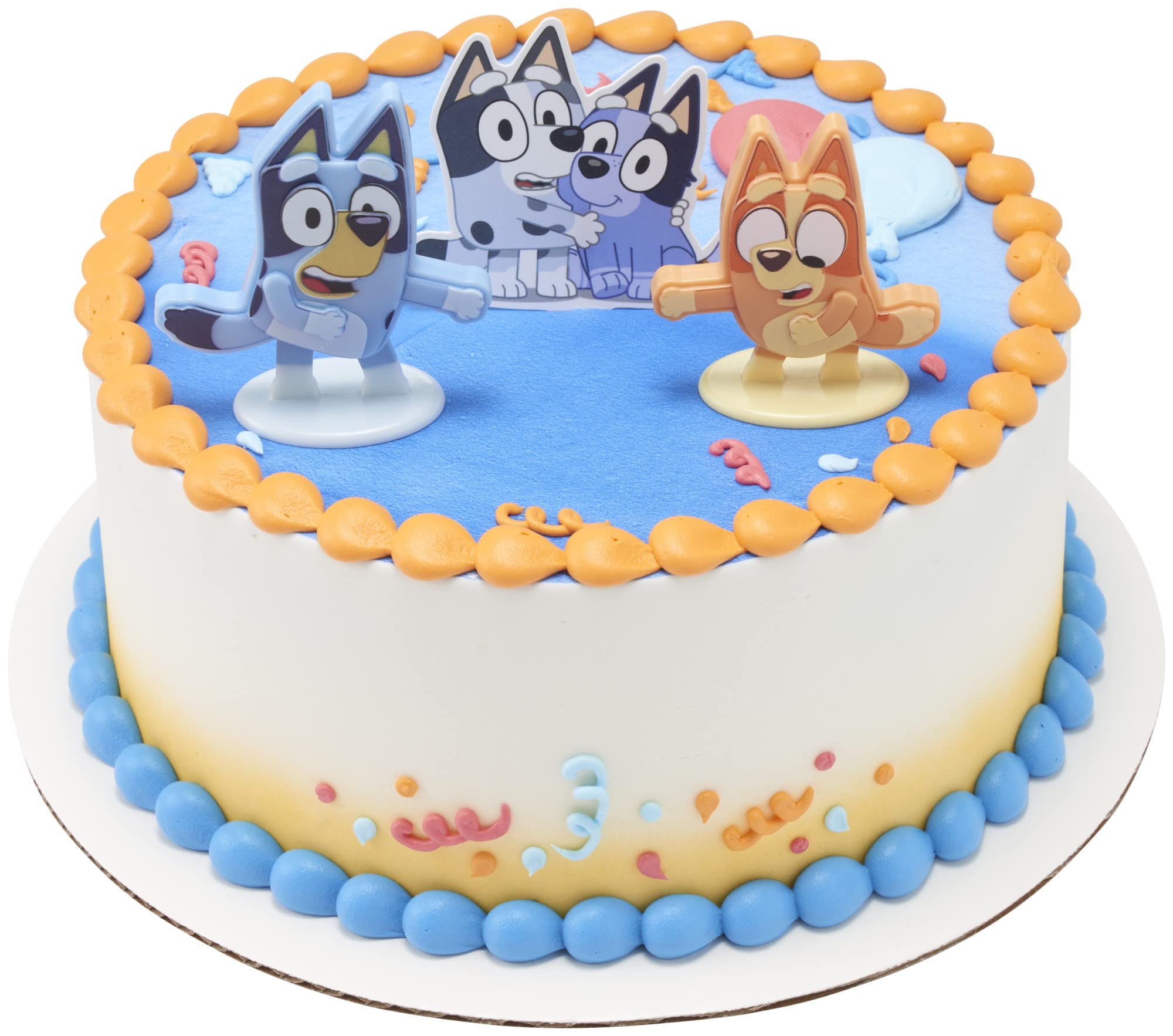 Bluey Dance Mode Cake Toppers - Moving Bluey & Bingo Figurines with Poly Pic, 3-Piece Set