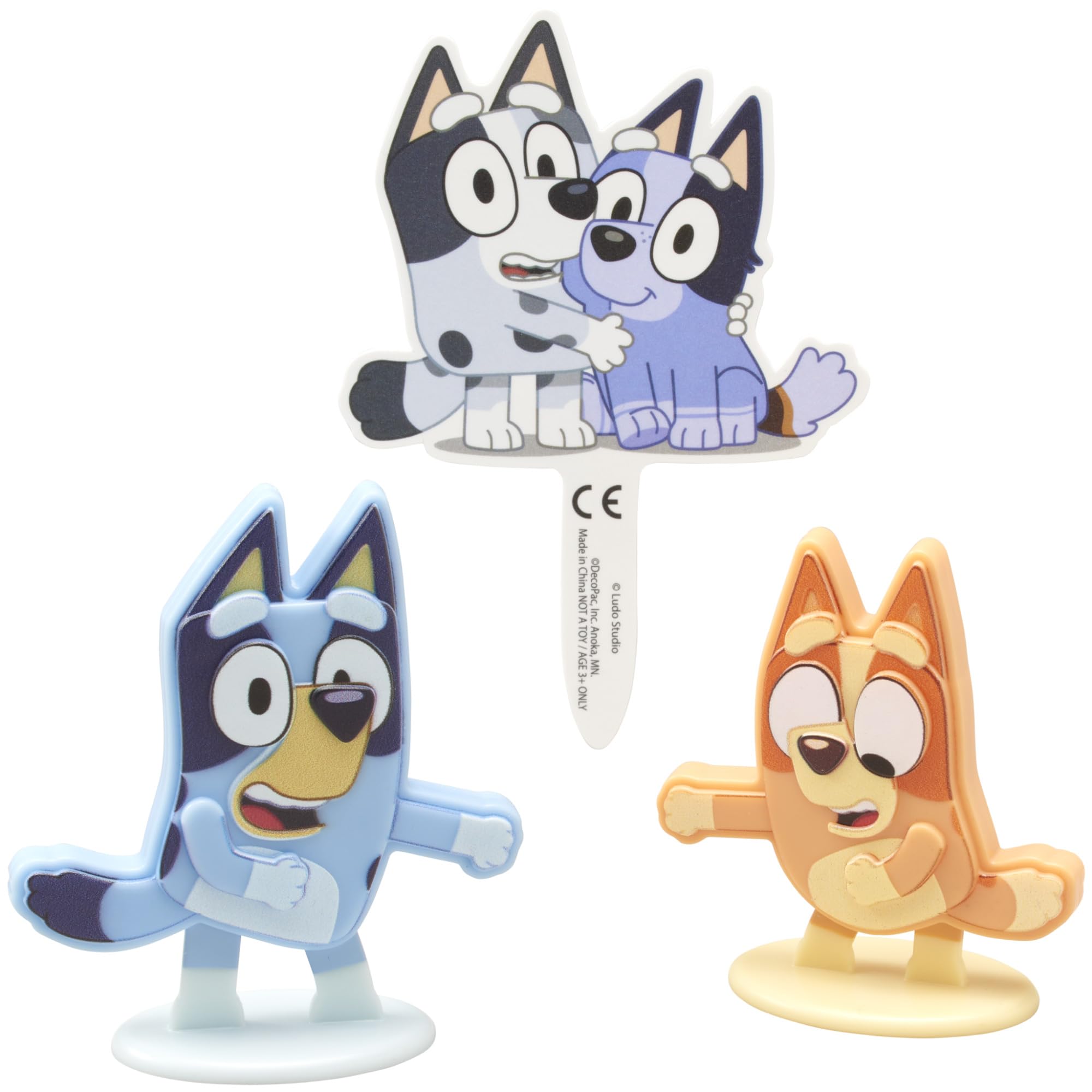 Bluey Dance Mode Cake Toppers - Moving Bluey & Bingo Figurines with Poly Pic, 3-Piece Set