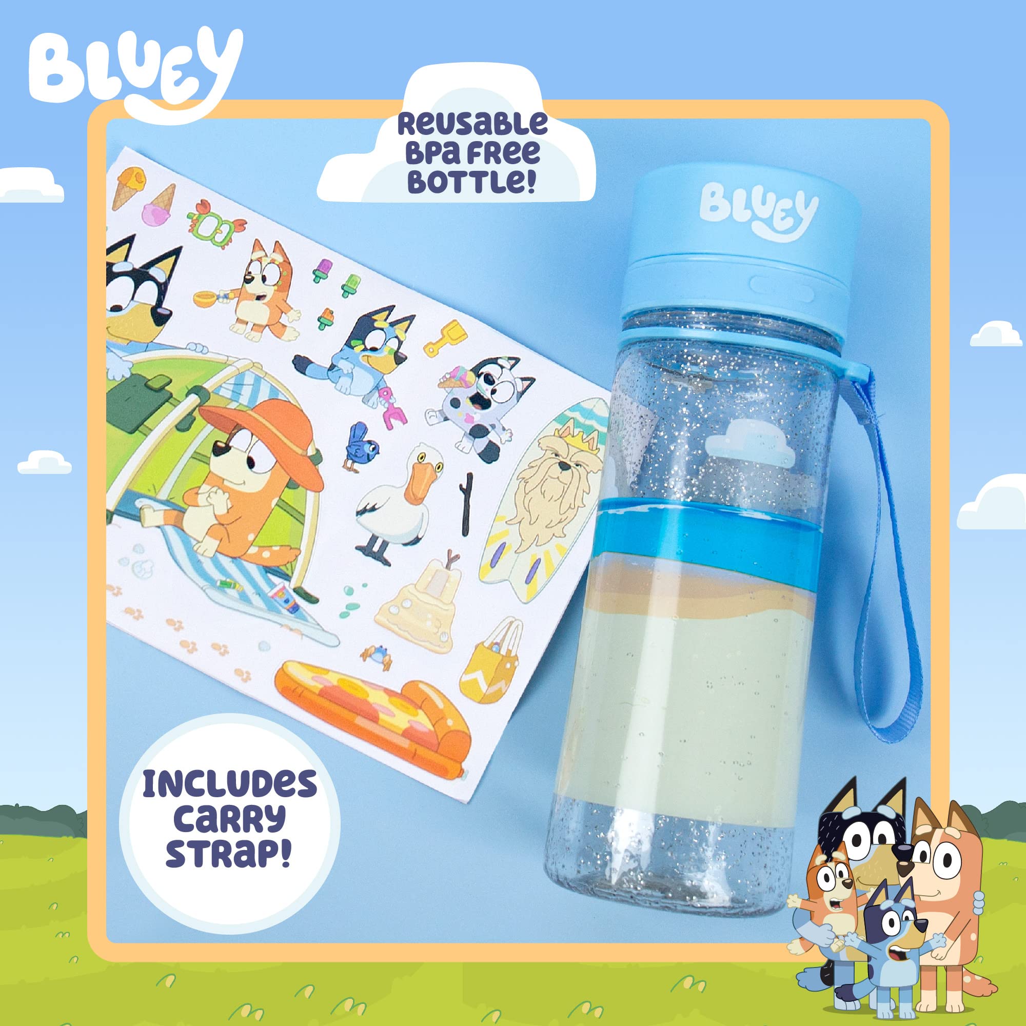 Bluey DIY Water Bottle Kit with Reusable Stickers | BPA-Free 13oz Kids Bottle for Parties & Sports
