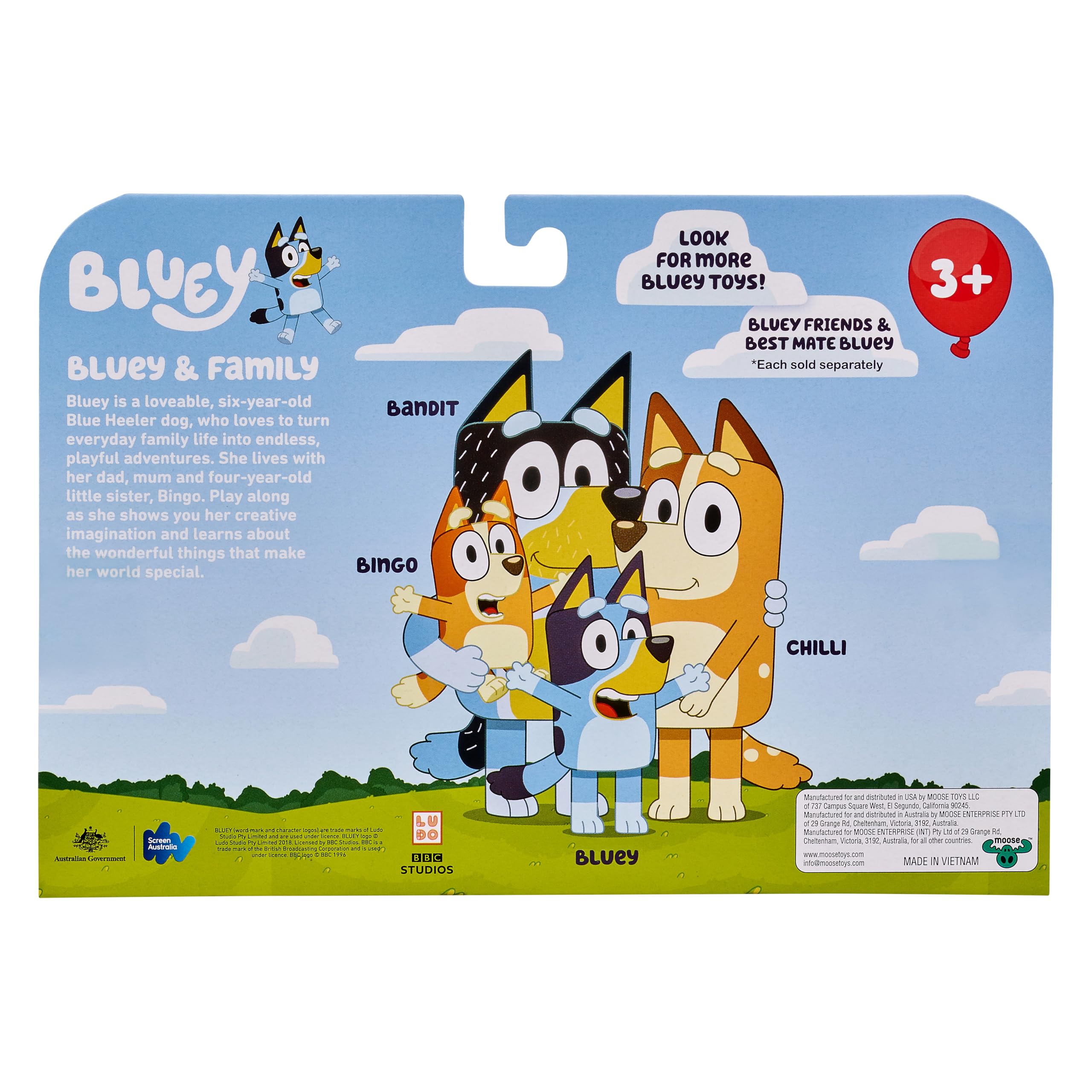 Bluey Family Figure Pack of 4 – Poseable Bluey, Bingo, Chilli & Bandit Toys for Kids Ages 3+