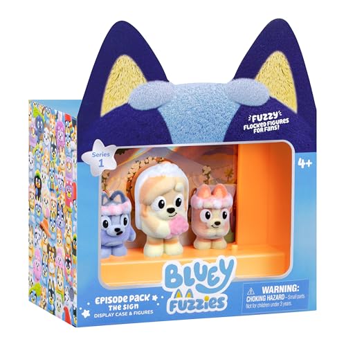 Bluey Fuzzies Episode Pack: The Sign - 3 Flocked Mini-Figures, Display Case, Holographic Card & Collector's Guide (Series 1)