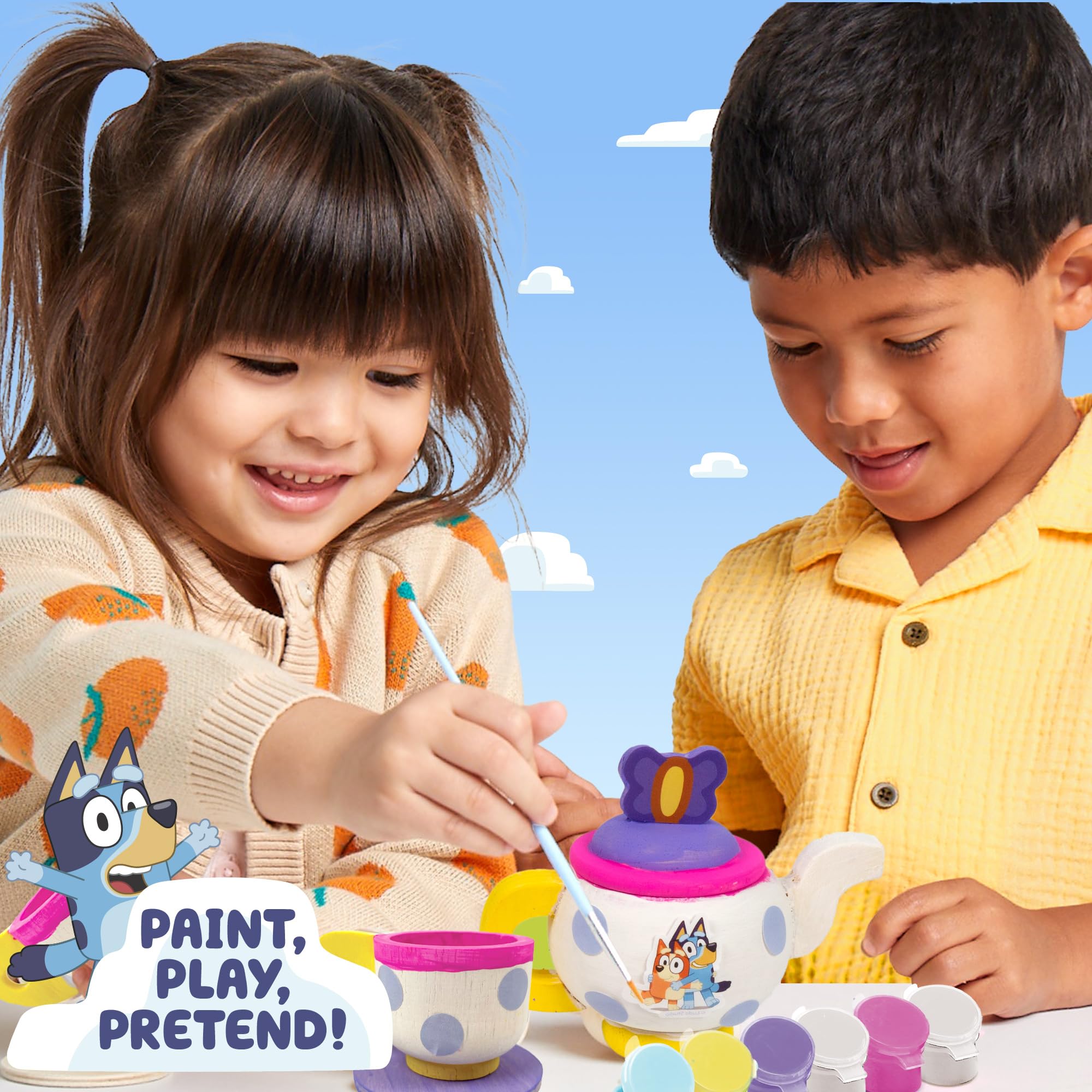 Bluey Paint & Play Tea Party: 6-Piece Wooden Tea Set with Paints, Stickers & Crowns