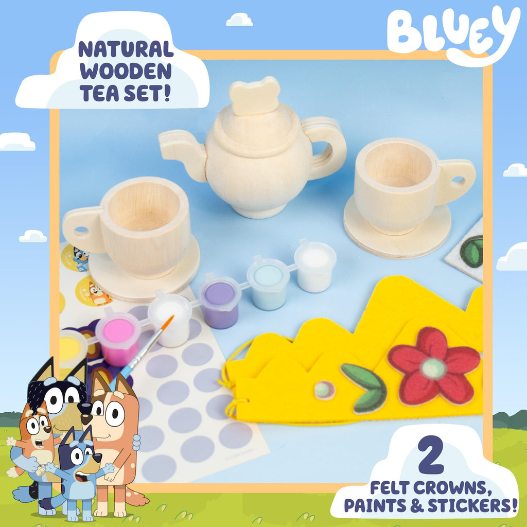 Bluey Paint & Play Tea Party: 6-Piece Wooden Tea Set with Paints, Stickers & Crowns