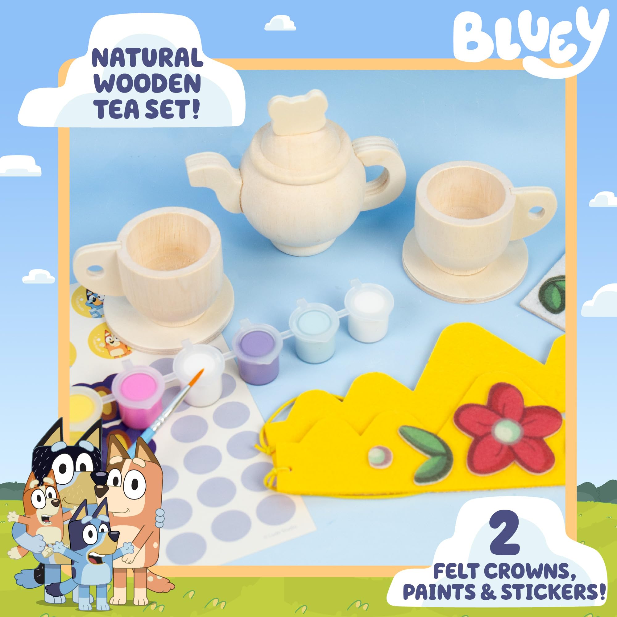 Bluey Paint & Play Tea Party: 6-Piece Wooden Tea Set with Paints, Stickers & Crowns