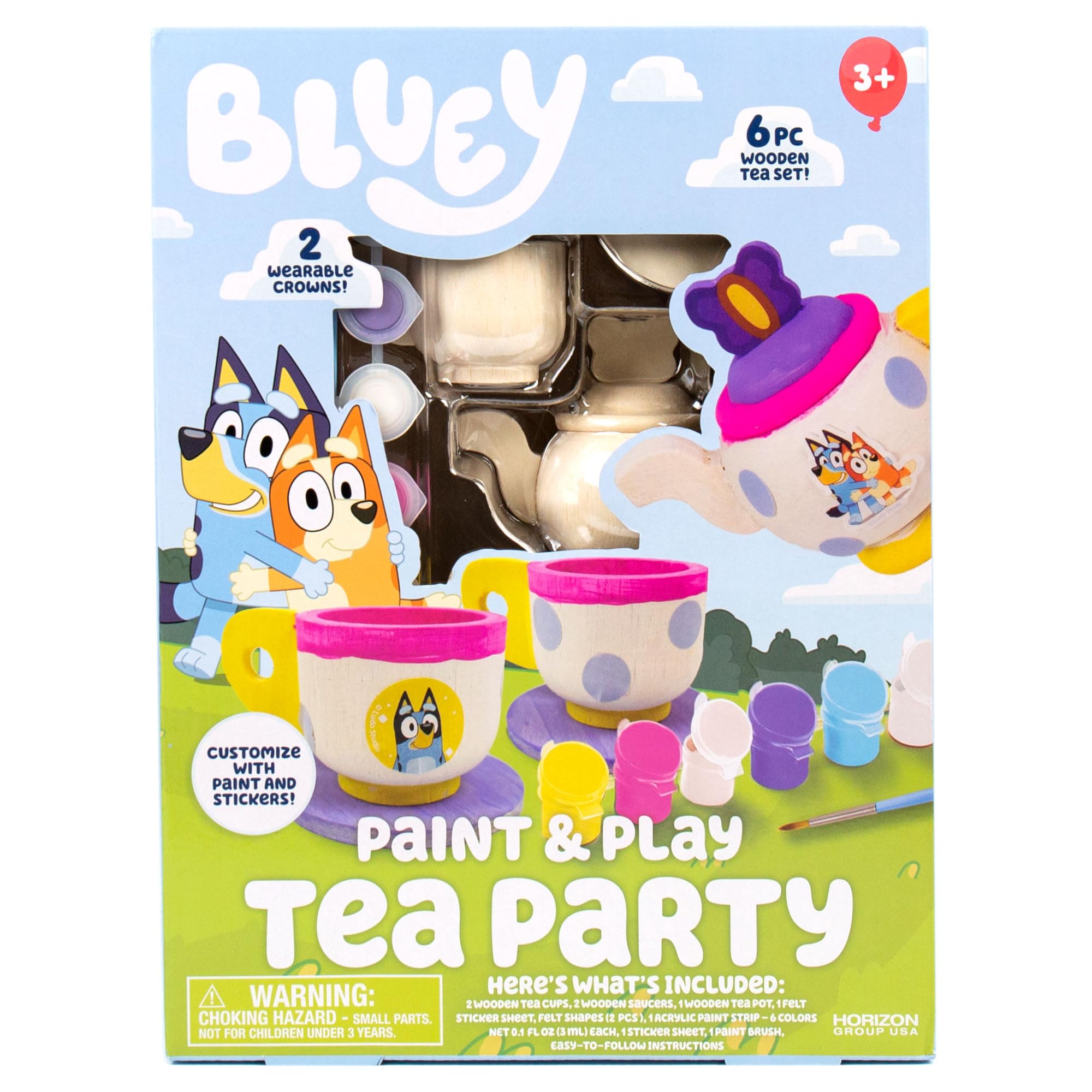 Bluey Paint & Play Tea Party: 6-Piece Wooden Tea Set with Paints, Stickers & Crowns