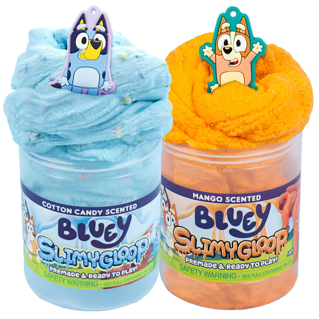 Bluey SLIMYGLOOP 2-Pack: Pre-Made Cloud Slimes with Bluey & Bingo Charms - Cotton Candy & Mango Scented, 7.5 oz & 8 oz